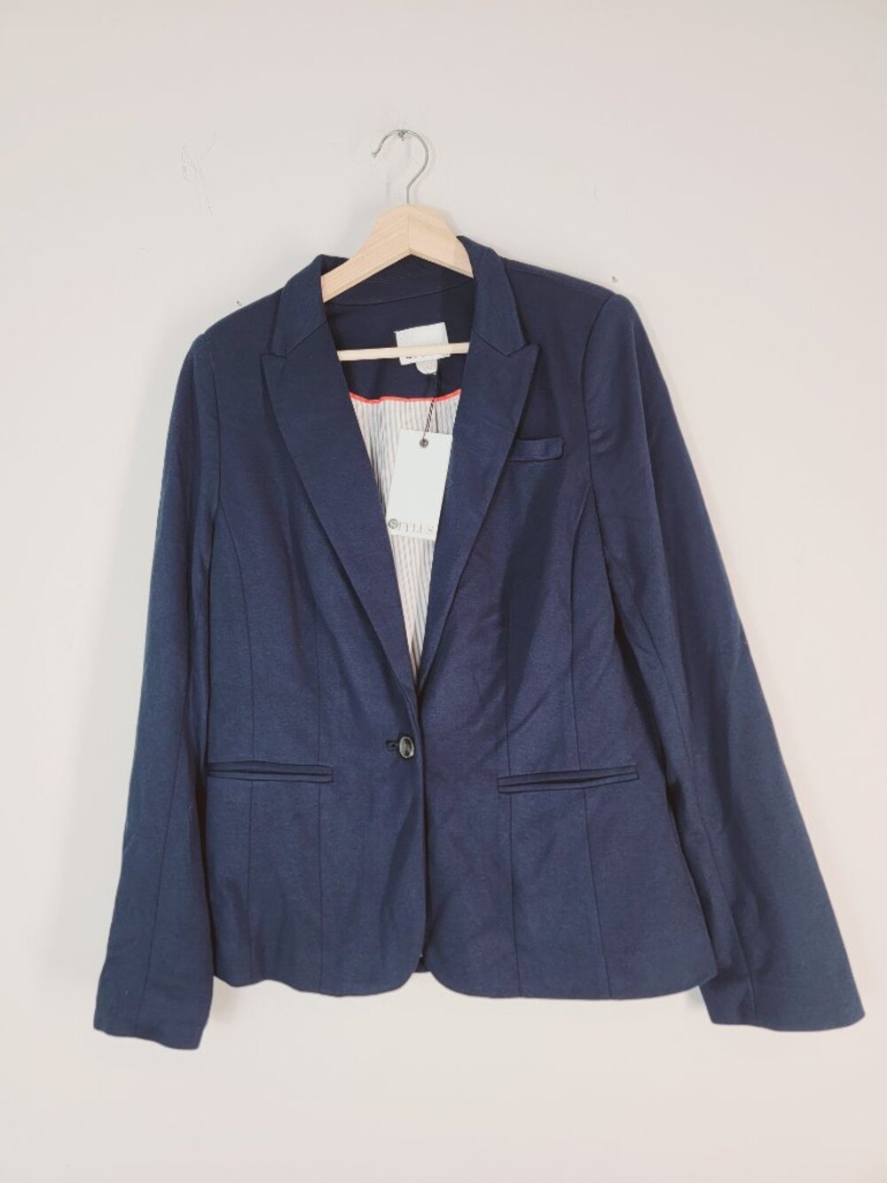 Stylus NWT Womens Navy Blue Knit Single Button Blazer Jacket Size L